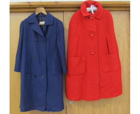 A 1960's pure new wool blue double breasted coat and a bright red textured wool cape with large toning buttons and deep front