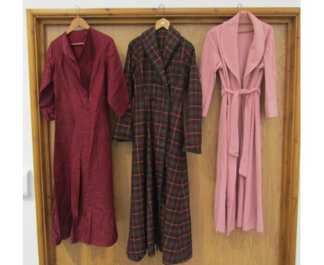 Three full length 1950's house coats, pink wool, wine Chinese silk and burgundy check