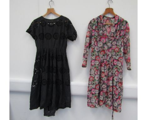 An early 20th Century floral dress, deep V cross over front ruching at centre drop waist and shoulders, self tie belt, no und