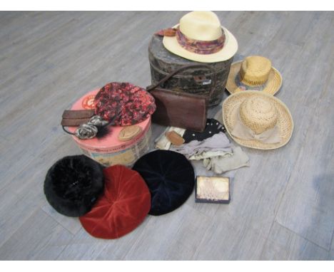 Various middle 20th Century and later accessories to include a brown leather handbag containing vanity items, 2 purses, straw
