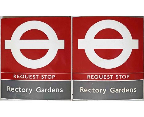 1990s London Transport enamel BUS STOP FLAG ('Request'), an E3 version with locational vinyl 'Rectory Gardens' on each side. 