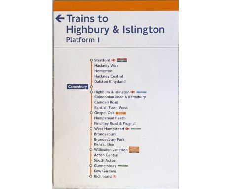 London Overground enamel PLATFORM DIAGRAM from Canonbury Station 'Trains to Highbury &amp; Islington, Platform 1' showing the