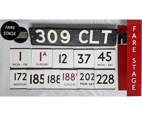 Selection (14 items) of London Transport bus items comprising 11 bus stop enamel E-PLATES for routes 1 Mon-Fri, 1A Sunday (re