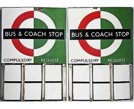 London Transport enamel BUS &amp; COACH STOP FLAG (Bus Compulsory, Coach Request). A 1950s/60s 'bullseye'-style, E6-size, dou