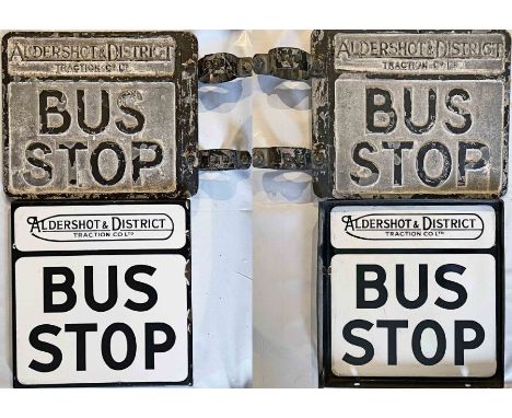 Pair of Aldershot &amp; District Traction Co Ltd BUS STOP FLAGS, the first a c1930s-50s cast-alloy example complete with orig