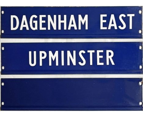 Trio of London Underground enamel PLATFORM INDICATOR DISPLAY PLATES: 'Dagenham East', 'Upminster' and blank. These are the ty