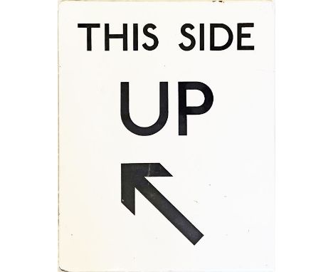 London Underground ENAMEL SIGN 'This Side Up' with arrow. Thought to be from Acton Town station, this would have indicated th