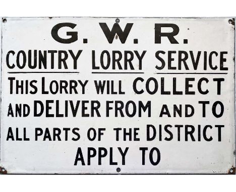 Great Western Railway (GWR) ENAMEL SIGN 'Country Lorry Service. This Lorry will collect and deliver....'. Single-sided, measu