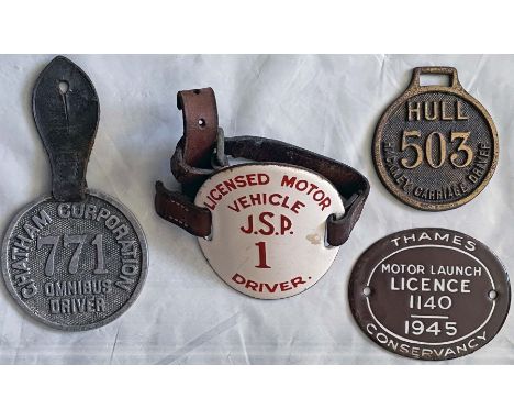 Selection (4) of BADGES &amp; a PLATE comprising alloy driver lapel badges for Chatham Omnibus Driver 771, Hull Hackney Carri