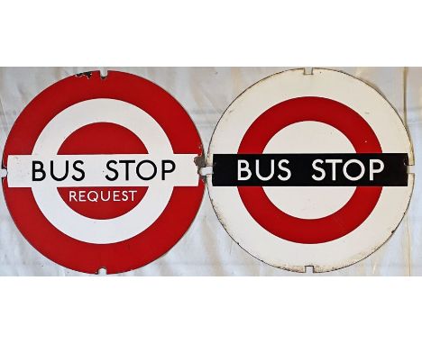 Pair of London Transport enamel 'DOLLY' BUS STOP PLATES, Compulsory and Request. 'Dolly' stops, mounted on a pole with a conc