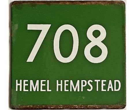 London Transport coach stop enamel E-PLATE for Green Line route 708 destinated Hemel Hempstead (squeezed onto one line!). Jus