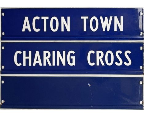 Trio of London Underground enamel PLATFORM INDICATOR DISPLAY PLATES: 'Acton Town', 'Charing Cross' and blank. These are the t
