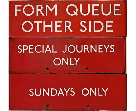 Trio of London Transport bus stop enamel G-PLATES comprising 'Form Queue Other Side', 'Special Journeys Only' and 'Sundays On
