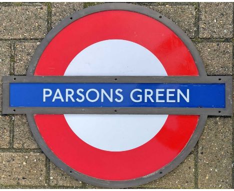 London Underground enamel PLATFORM ROUNDEL sign from Parsons Green station on the District Line Wimbledon branch. A 3-part si