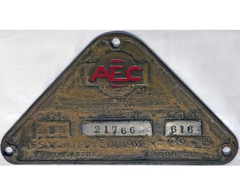 1922 AEC (Associated Equipment Co Ltd) brass BUS CHASSIS PLATE from London General/London Transport S 512, a 30-seat single-d