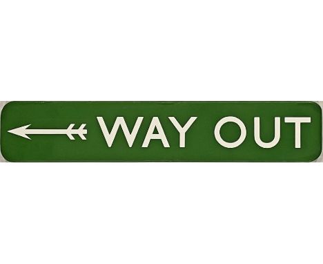 British Railways (Southern Region) ENAMEL SIGN 'Way Out' with small, left-facing, two-flighted arrow. A flanged sign measurin