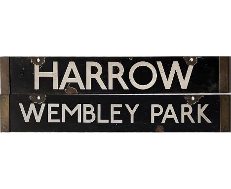 London Underground CO/CP Stock enamel CAB DESTINATION PLATE for Harrow/Wembley Park on the Metropolitan Line. A double-sided 