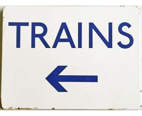London Underground ENAMEL SIGN 'Trains' with left-facing arrow. Estimated 1960s/70s. A single-sided, flanged plate measuring 
