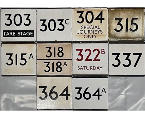 Quantity (10) of London Transport bus stop enamel E-PLATES, all from the Northern Country Area and comprising routes 303 Fare