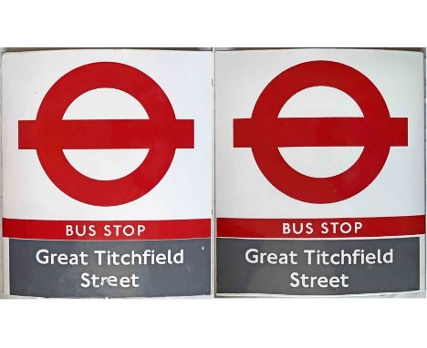 1990s London Transport enamel BUS STOP FLAG ('Compulsory'), an E3 version with locational vinyl 'Great Titchfield Street' on 