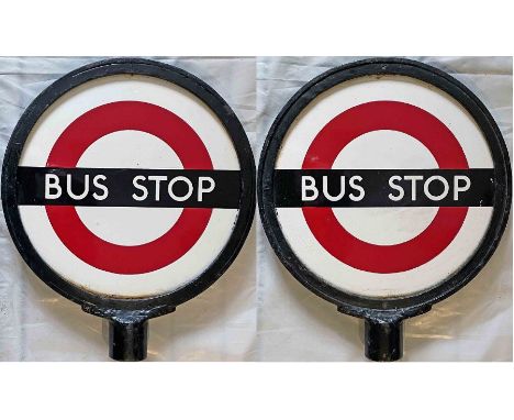 London Transport 'DOLLY' BUS STOP (Compulsory), double-sided and comprising the complete head unit of two enamel plates in th