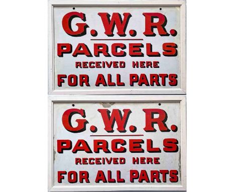 Great Western Railway (GWR) ENAMEL SIGN 'Parcels received here for all parts'. Double-sided, measures 18" x 12" (46cm x 30cm)