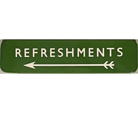 British Railways (Southern Region) ENAMEL SIGN 'Refreshments' with long, left-facing, two-flighted arrow. A flanged sign meas