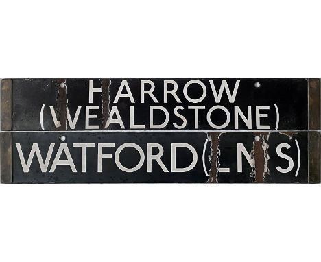 London Underground 38-Stock enamel DESTINATION PLATE for Harrow (Wealdstone)/Watford (LMS) on the Bakerloo Line. Double-sided