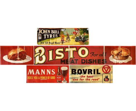 Selection (4) of vintage, original BUS EXTERIOR ADVERTISEMENT POSTERS comprising an early 1930s 'John Bull Tyres' with a colo