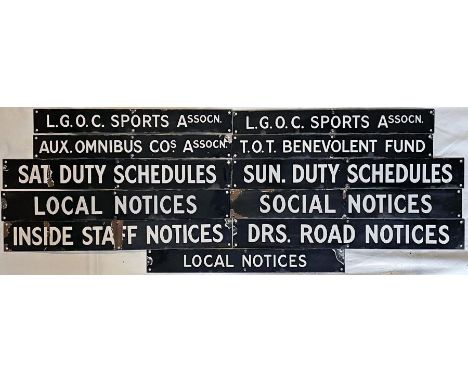 Quantity (11) of London Transport bus garage, notice board, enamel HEADER PLATES for staff associations, official notices etc