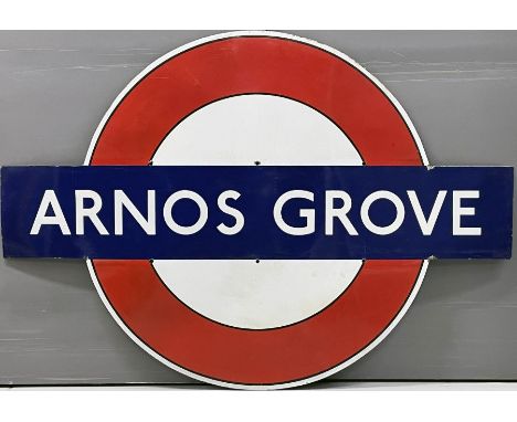 1930s London Underground enamel PLATFORM BULLSEYE SIGN from Arnos Grove station, designed by Charles Holden, opened in 1932, 