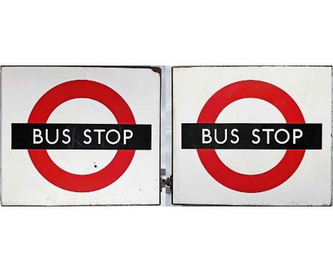 1950s/60s London Transport enamel BUS STOP FLAG, the 'compulsory' version. A double-sided, hollow, 'boat'-style flag measurin