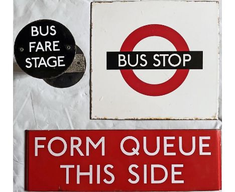 London Transport 1960s bus stop enamel items (3) comprising a small BUS STOP SIGN as fitted in runners above tubular bus shel