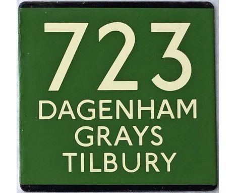 London Transport coach stop enamel E-PLATE for Green Line route 723 destinated Dagenham, Grays, Tilbury. This route was withd
