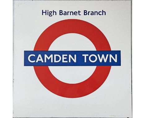 London Underground enamel PLATFORM ROUNDEL SIGN from Camden Town Station on the Northern Line with the annotation 'High Barne