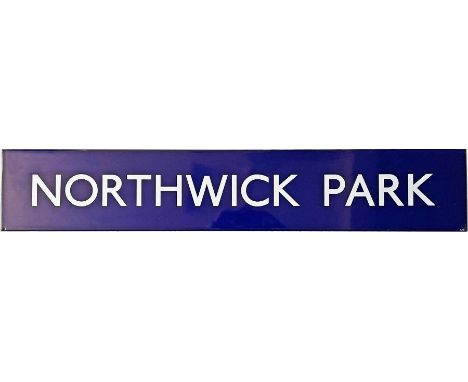 London Underground enamel PLATFORM SIGN from Northwick Park on the Metropolitan Line. Measures 46.75" (119cm) x 8.25" (21cm) 