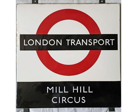 1950s/60s London Transport enamel BUS STOP SIGN 'Mill Hill Circus' from a 'Keston' wooden bus shelter at this location on the
