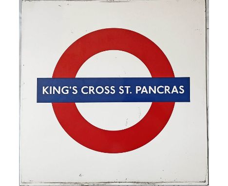 London Underground enamel PLATFORM ROUNDEL SIGN from King's Cross St Pancras Station. Measures 25" (64cm) square and is in ve