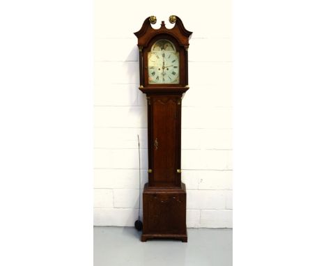 George III longcase clock with a painted dial inscribed "W Plant, Walsall", with the phases of the sun and moon in the arch a