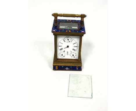 Late 19th Century French carriage clock with a white enamelled dial, day, date, and seconds subsidiary dials and black Roman 