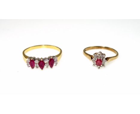 18ct gold ruby and diamond ring, size W, 4.5 grams, and a 9ct gold ruby and diamond ring, size T, 2.5 grams (2) 