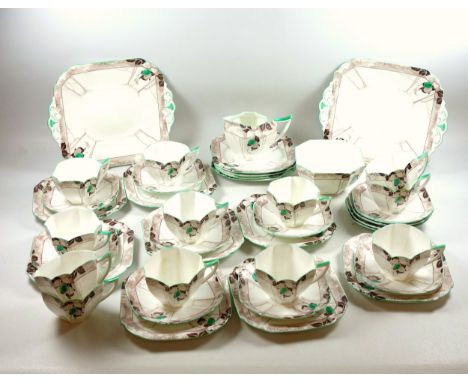 Shelley 'Green Damson' part tea service for 12, pattern number 11833, Rd no 723404 in Queen Anne shape, circa 1930, to includ