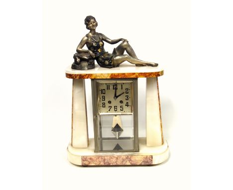 Enrique Molins-Balleste (1893-1958) Large Art Deco clock in alabaster and pink marble, surmounted by a reclining female bathe