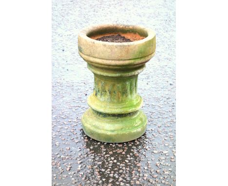 Circular terracotta planter on a fluted waisted column and socle base, 42 x 30cm