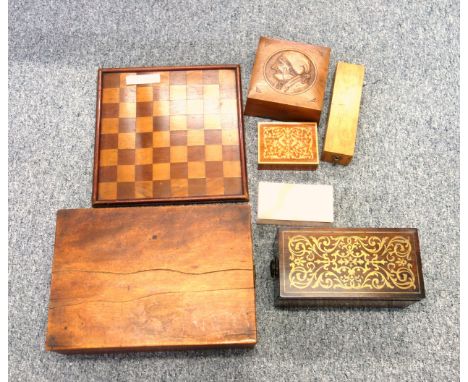Victorian rectangular rosewood box with all-over inlaid scrolling floral brass decoration, W.30.5cm; square walnut box with a