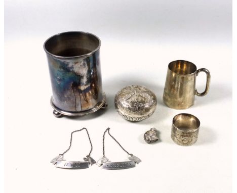 Edwardian silver tapering christening mug, with engraved monogram, by J S &amp; S, Birmingham, 1904, H.7.2cm; cat shaped ratt