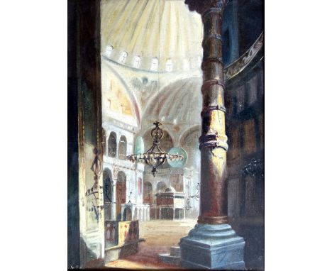 Wladimir Petroff (Russian, c.1880-1935), Interior of the Hagia Sophia, Istanbul, signed "W. Petroff" (lower left), and inscri