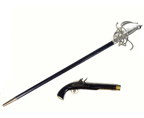 Modern steel sword with a wire bound basket hilt, in scabbard, L.103cm, and a reproduction flintlock pistol, L.38.5cm. (3) 