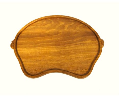 Mouseman, (Robert Thompson), oak tea tray of shaped kidney form, with an adzed top and carved mouse handles, W.47cm overall 