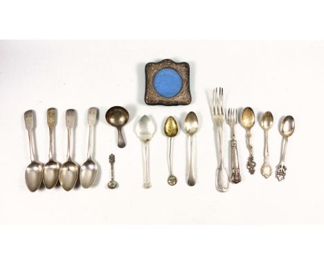 George III silver caddy spoon, by Thomas James, London, 1804; 4 Fiddle Pattern teaspoons, London, 1827; preserve spoon, and 2